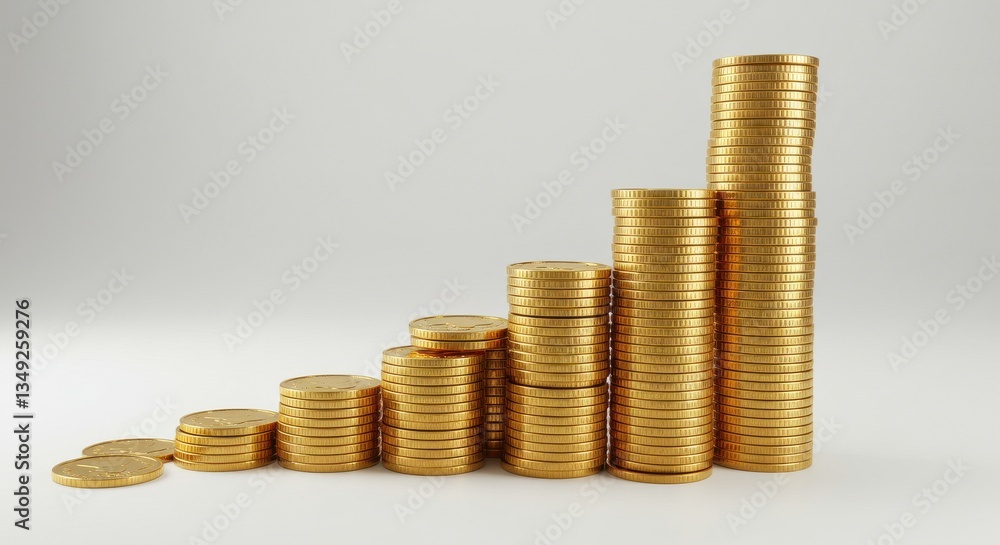 Stacks of golden coins arranged in an ascending bar graph on a plain light gray background Stacks of golden coins arranged in an ascending bar graph on a plain light gray background