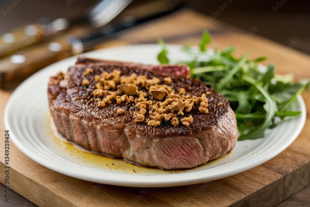 Perfectly cooked steak with crispy toppings and fresh greens served on a wooden cutting board Perfectly cooked steak with crispy toppings and fresh greens served on a wooden cutting board