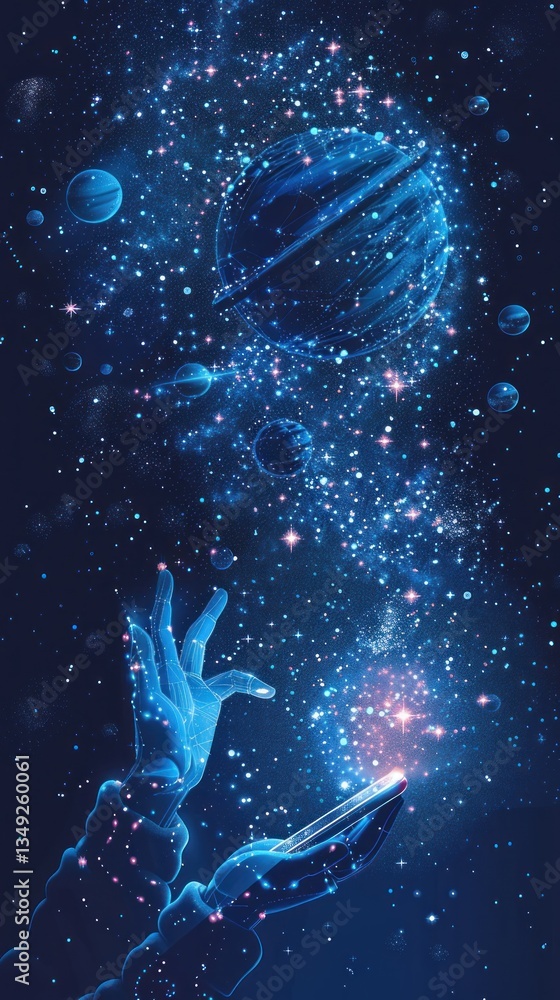 Obraz premium Hands creating planets with phone in space