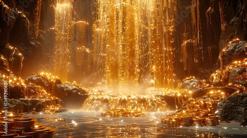 Enchanting golden waterfall cascading into a serene pool surrounded by shimmering treasures