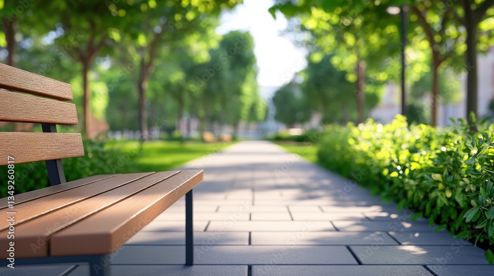 A serene park scene featuring a wooden bench amidst lush greenery and a paved walkway, inviting relaxation and nature appreciation. A serene park scene featuring a wooden bench amidst lush greenery and a paved walkway, inviting relaxation and nature appreciation.