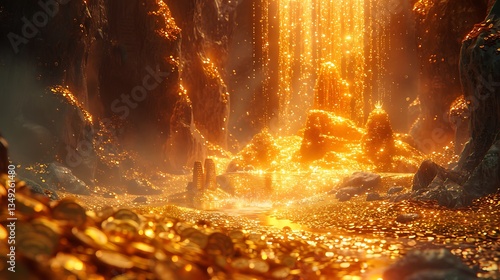 Enchanted cave filled with shimmering gold coins and a sparkling waterfall, creating a magical atmosphere