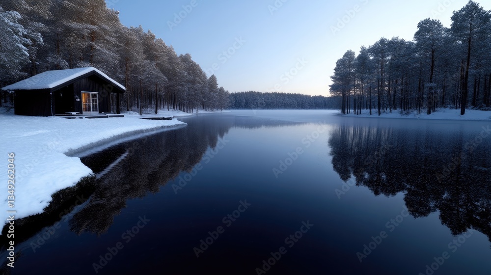 Fototapeta premium Peaceful winter cabin by a frozen lake. Tranquil snowy landscape at dawn