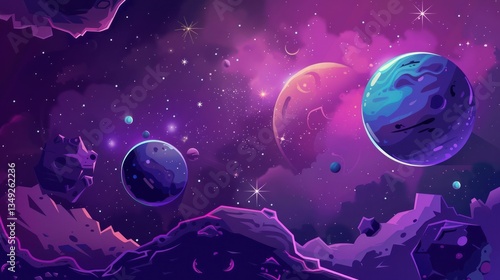 Fototapeta Naklejka Na Ścianę i Meble -  Illustration space planet fiction game on cartoon purple cosmic background. AI generated image 
