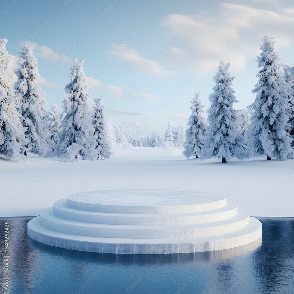 A majestic ice-carved podium standing in the middle of a frozen lake, surrounded by snow-covered trees.