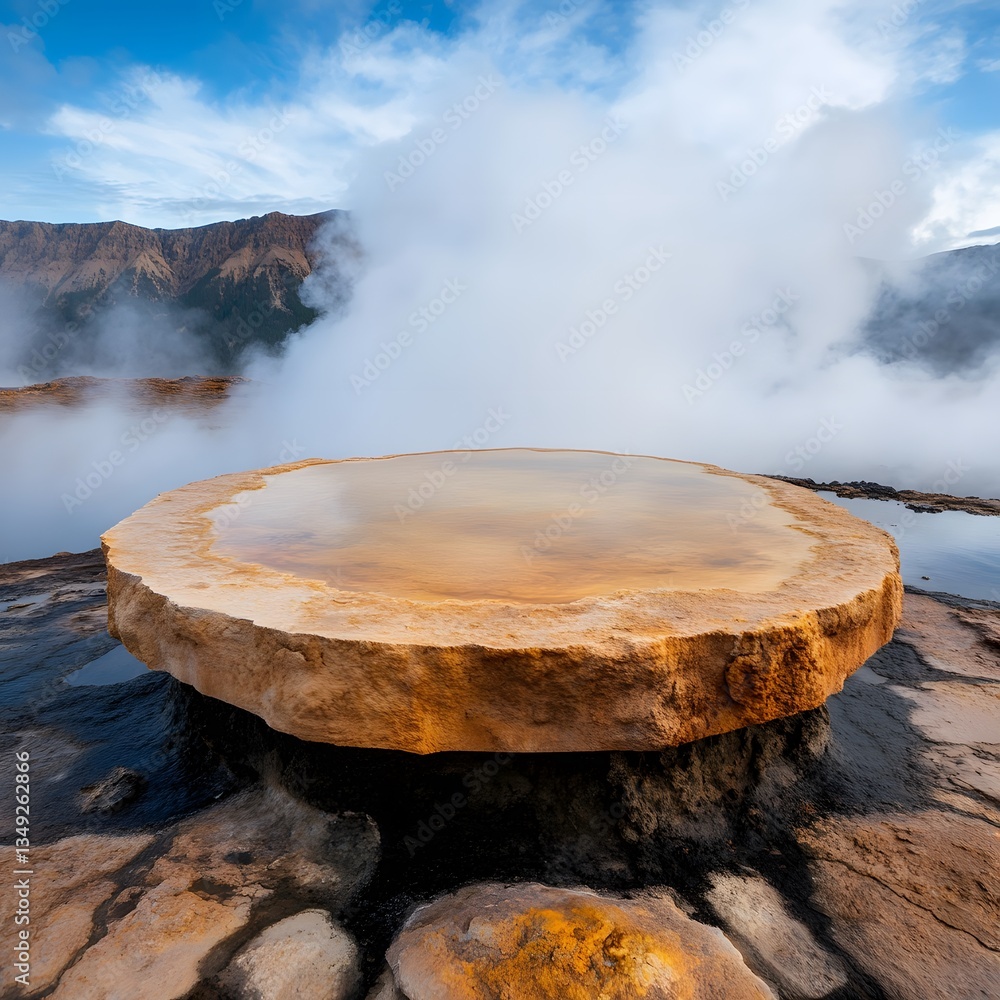 A podium made of smooth black volcanic rock, encircled by steaming geysers and colorful mineral deposits.