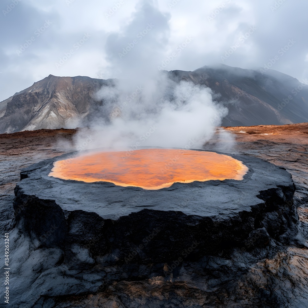 A podium made of smooth black volcanic rock, encircled by steaming geysers and colorful mineral deposits.