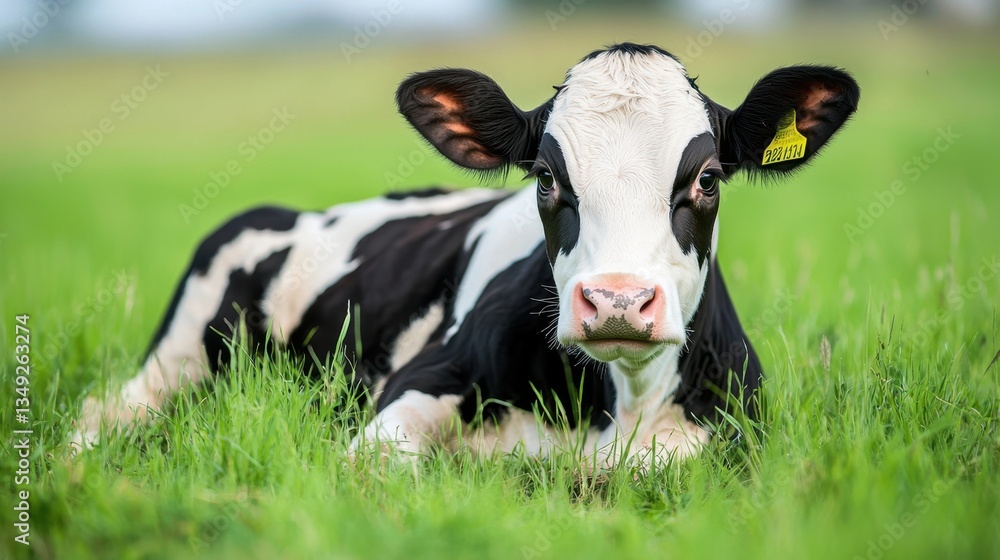 Holstein cow in a vibrant green pasture, resting with a serene countryside background and space for branding or messaging Holstein cow in a vibrant green pasture, resting with a serene countryside background and space for branding or messaging