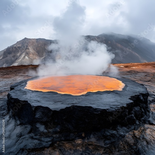 Obraz na płótnie A podium made of smooth black volcanic rock, encircled by steaming geysers and colorful mineral deposits. w salonie