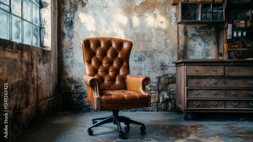 Vintage brown leather chair in a rustic industrial office setting.