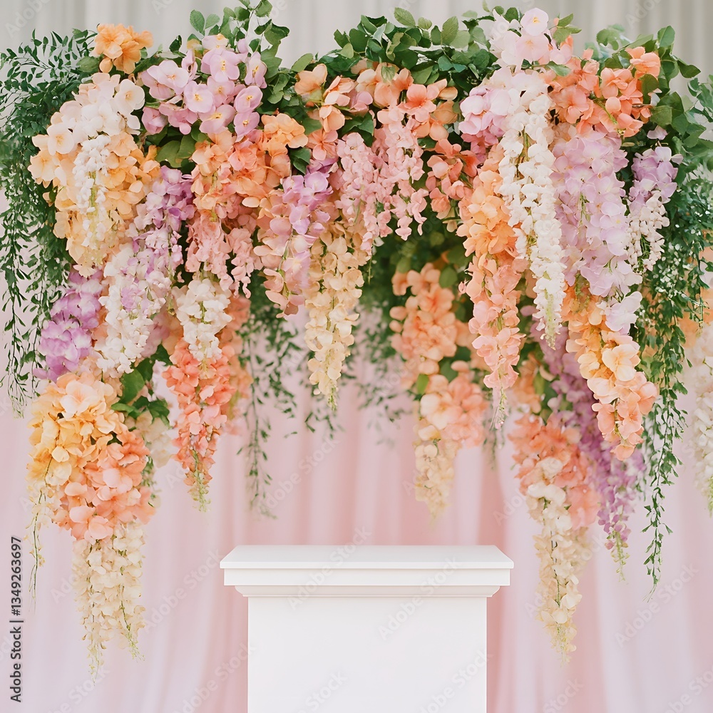 A podium adorned with cascading wisteria flowers, placed in a dreamy pastel-colored garden.