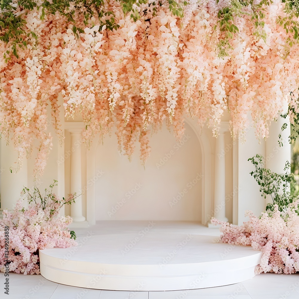 A podium adorned with cascading wisteria flowers, placed in a dreamy pastel-colored garden.