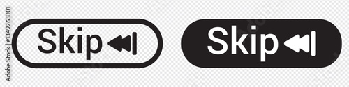 Skip ad button icon in trendy black flat style. skip advertisement icon for website design, online video player. Skip ads symbol, icon. Advertisement text isolated on transparent background. 