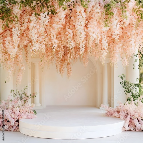 Obraz na płótnie A podium adorned with cascading wisteria flowers, placed in a dreamy pastel-colored garden. w salonie