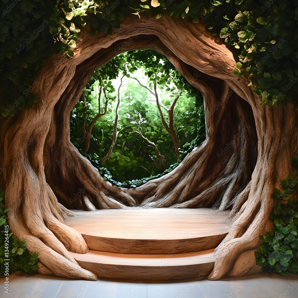 A podium constructed from massive tree roots, set deep within an ancient enchanted forest.
