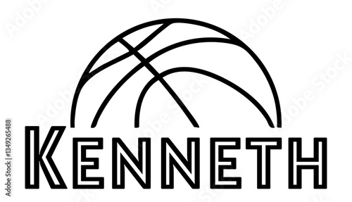 Kenneth- first name written in sport style and stylized basketball sketch; black color;  vector graphics for banners, cards, sweatshirts, prints, cricut, silhouette, sublimation
