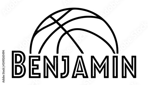 Benjamin - first name written in sport style and stylized basketball sketch; black color;  vector graphics for banners, cards, sweatshirts, prints, cricut, silhouette, sublimation
