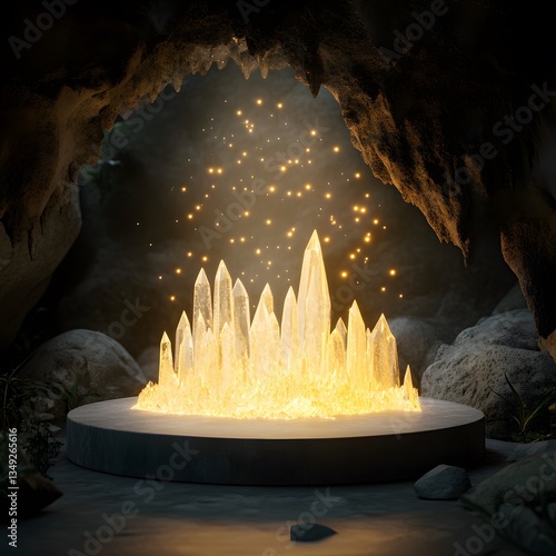 Obraz na płótnie A podium built from shimmering crystals, surrounded by floating pollen-like lights in a hidden cave. w salonie