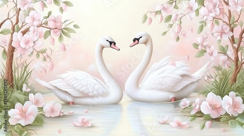 Wallpaper Mural Serene Swan Love Amidst Blossoms Torontodigital.ca