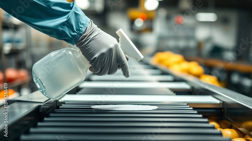 A worker using a sanitizing spray to clean a conveyor belt in a food manufacturing facility