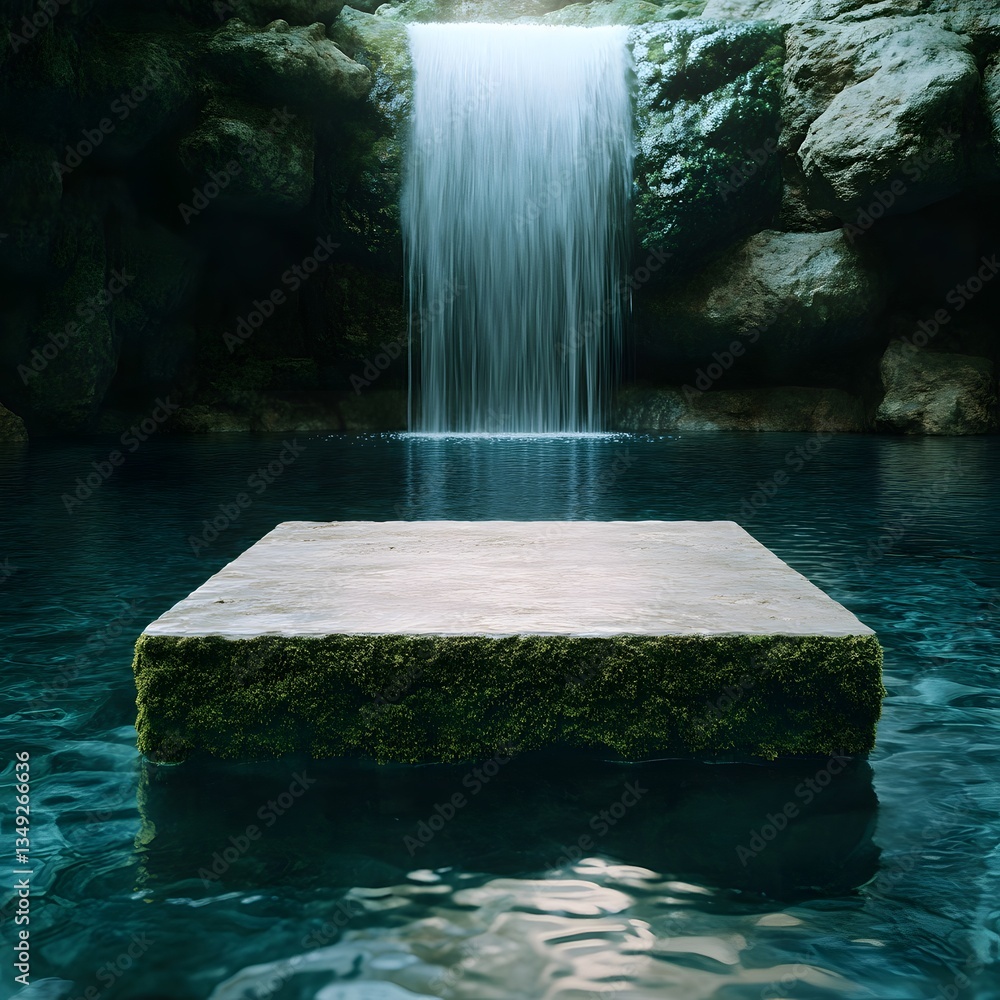 A moss-covered stone podium, placed beside a serene waterfall cascading into a clear blue pool.