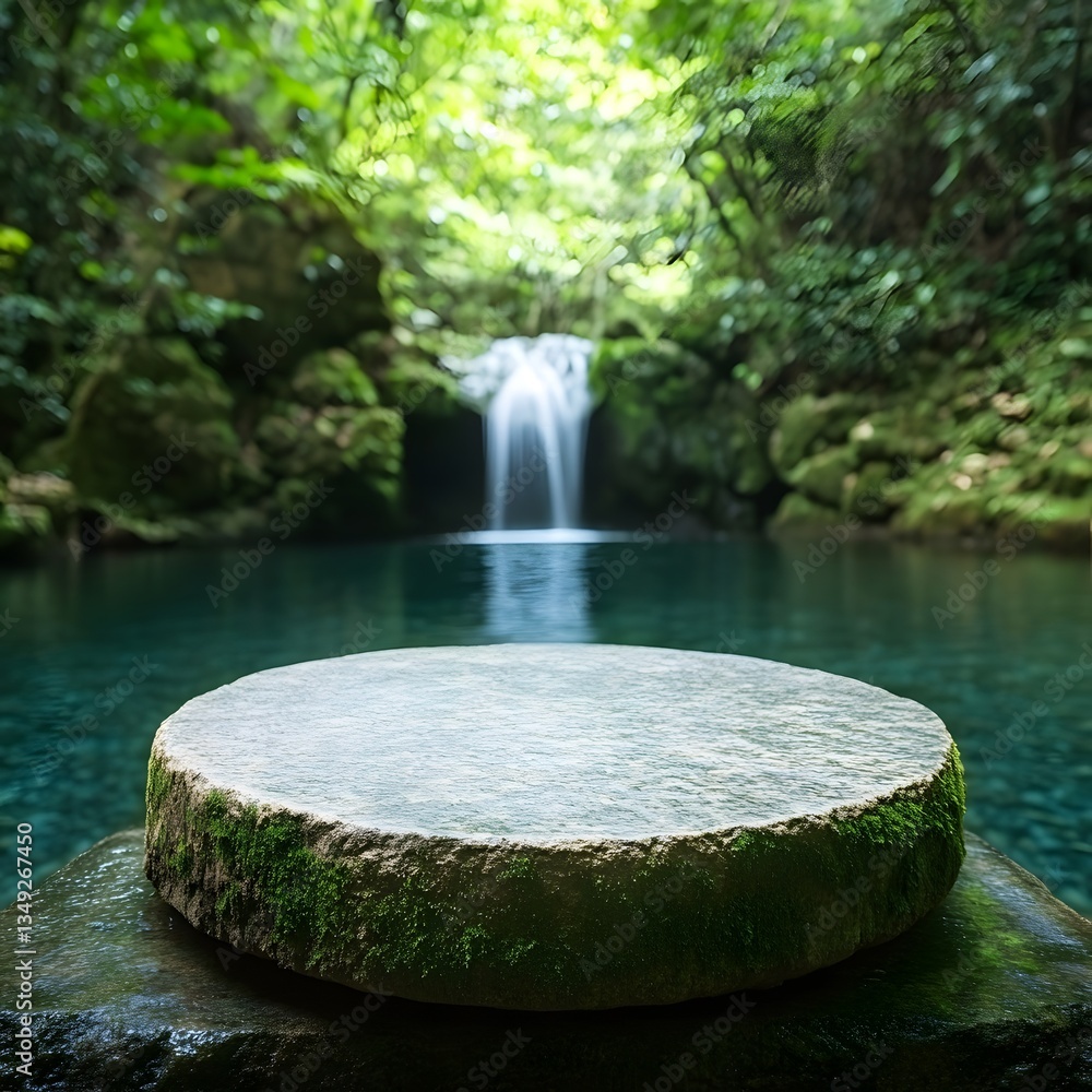A moss-covered stone podium, placed beside a serene waterfall cascading into a clear blue pool.