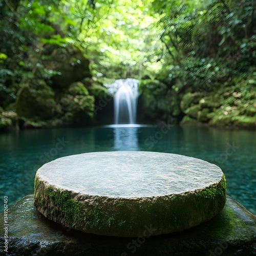 Obraz na płótnie A moss-covered stone podium, placed beside a serene waterfall cascading into a clear blue pool. w salonie