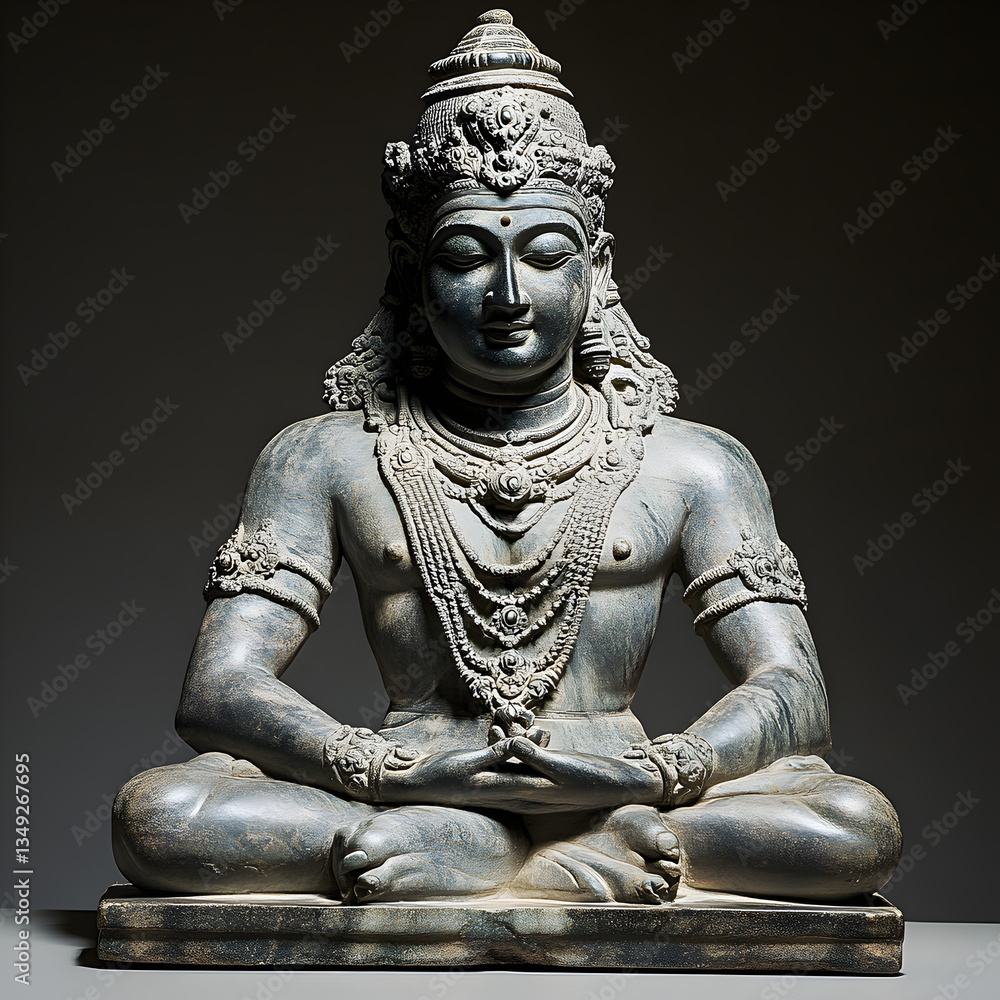 Serene Stone Sculpture Hindu Deity in Meditation Pose Serene Stone Sculpture Hindu Deity in Meditation Pose