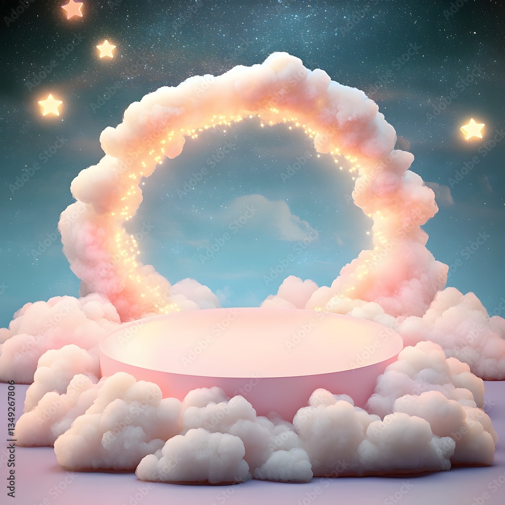 A floating podium made of clouds, surrounded by a dreamy celestial sky with soft glowing stars.