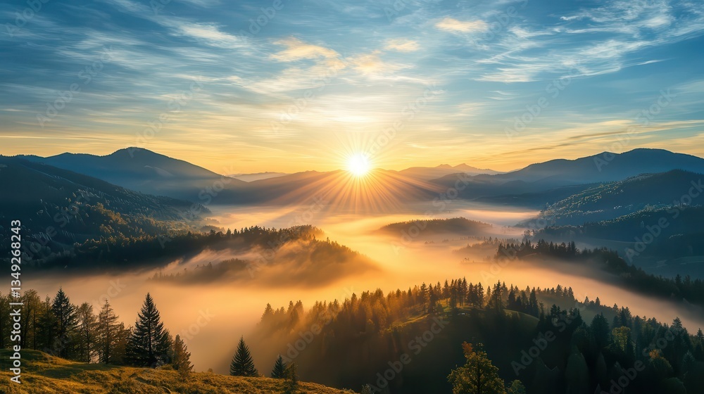 Fototapeta premium Soft sunrise over a fogcovered valley, sunbeams piercing through the mist, creating a dreamy landscape