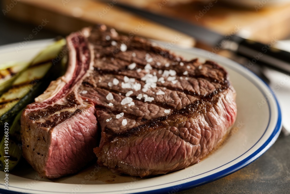 Obraz premium Juicy grilled steak served with seasoned zucchini on a white plate