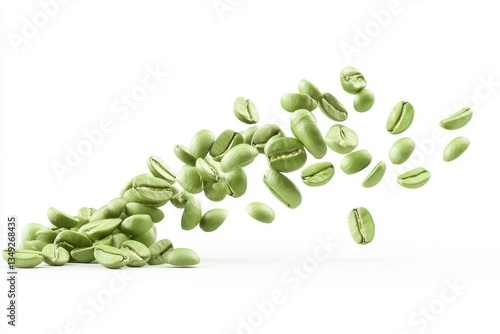 Green coffee beans tumble naturally, creating a dynamic and elegant composition against an isolated white background.