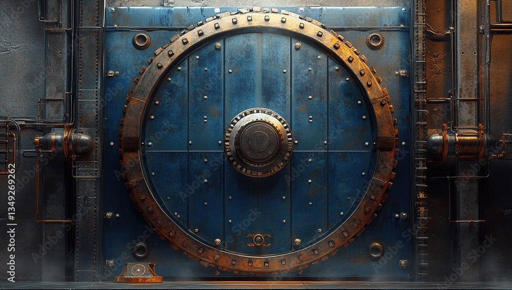 Fototapeta premium Dark Blue Rusted Metal Vault Door with Circular Gear Texture