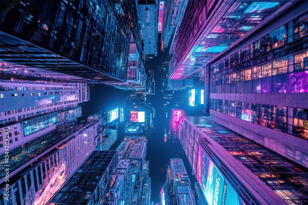 Fototapeta premium Futuristic cyberpunk cityscape with neon lights and towering skyscrapers. Abstract urban nightscape, technology, and digital metropolis concept
