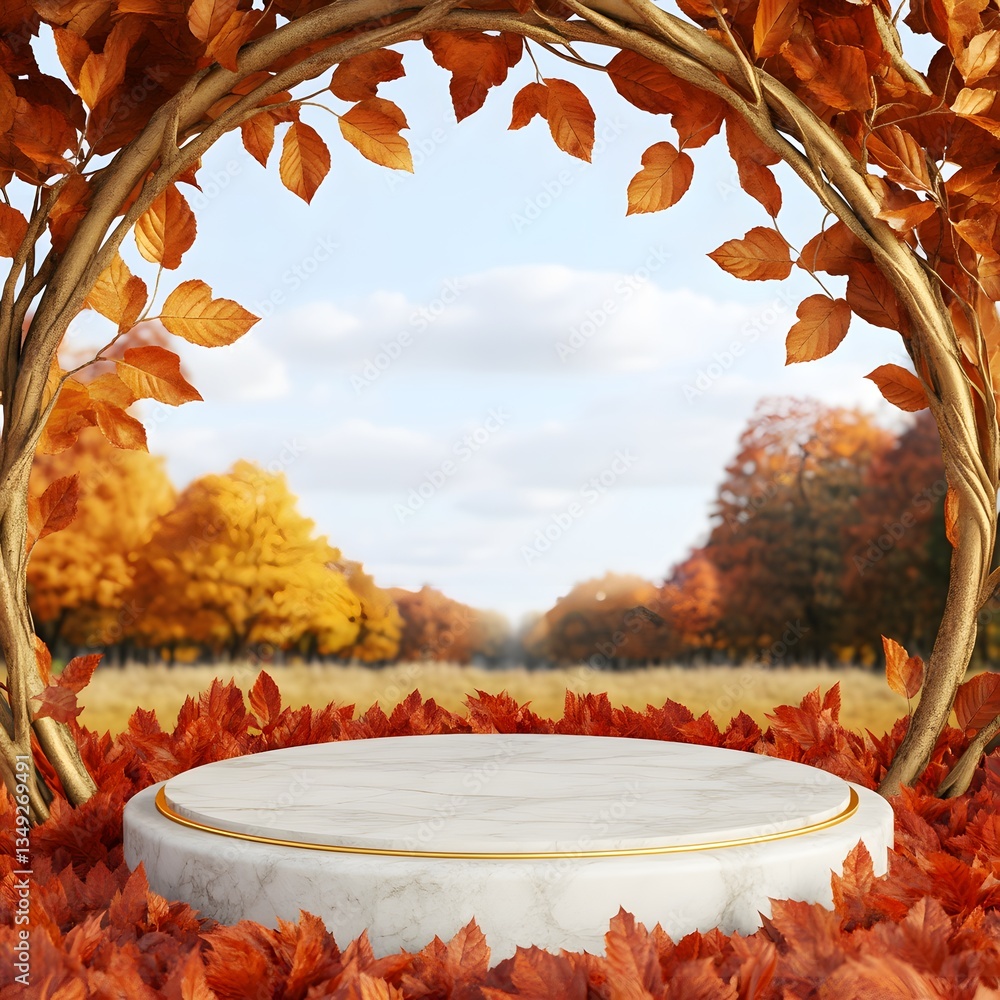 A podium made of white marble with golden leaf details, set in a peaceful autumn park with red and orange foliage.
