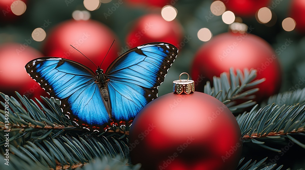 Blue Butterfly on Red Christmas Ornaments Blue Butterfly on Red Christmas Ornaments
