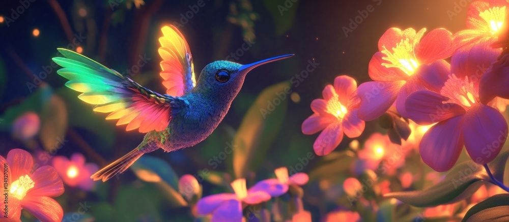 Rainbow Hummingbird Soaring Amidst Glowing Flowers Rainbow Hummingbird Soaring Amidst Glowing Flowers