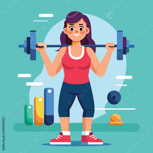 Dynamic fitness woman demonstrating powerful barbell squats for a healthy lifestyle workout routine illustration.