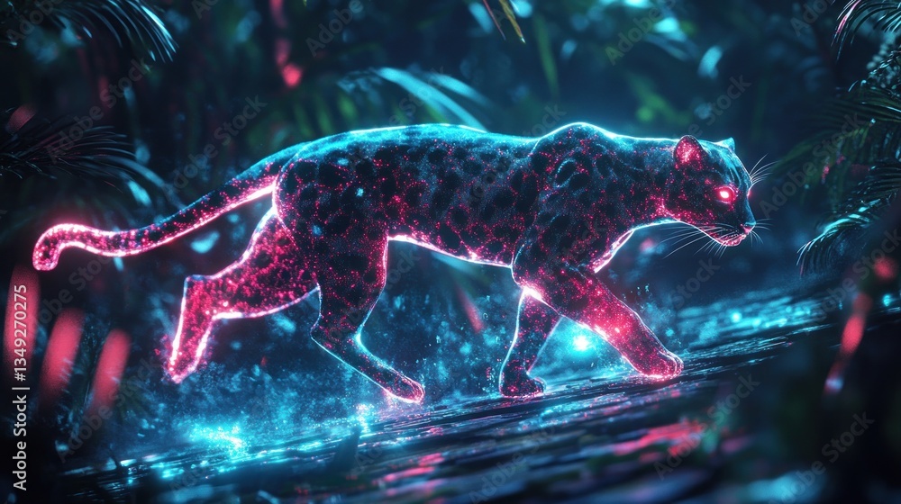 Neon Leopard Walking Jungle Night Digital Art Neon Leopard Walking Jungle Night Digital Art
