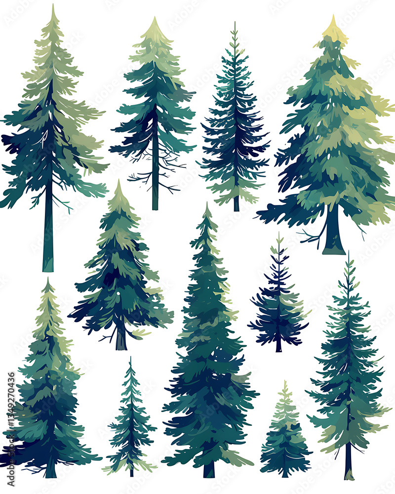 Obraz premium .Illustration of trees, leaves, grass and various botanical elements on a white background.