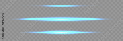 Set of horizontal highlights.Effect of blue glowing lines.  Horizontal rays of light. Isolated on transparent background.