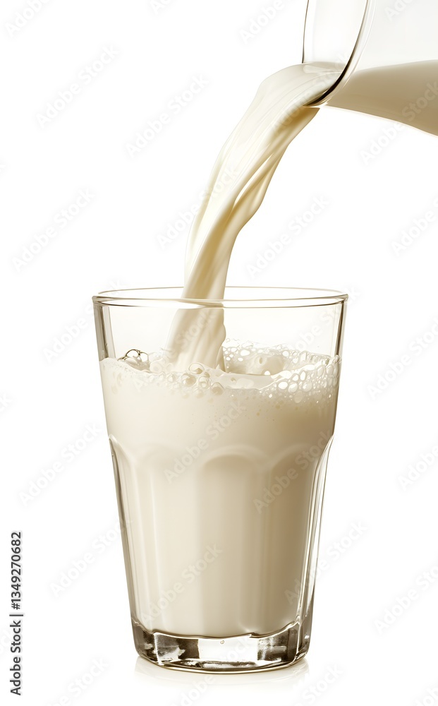 Fresh milk is being poured from a glass pitcher into a transparent glass. The creamy liquid creates bubbles as it fills the glass, highlighting its smooth texture and freshness. Fresh milk is being poured from a glass pitcher into a transparent glass. The creamy liquid creates bubbles as it fills the glass, highlighting its smooth texture and freshness.