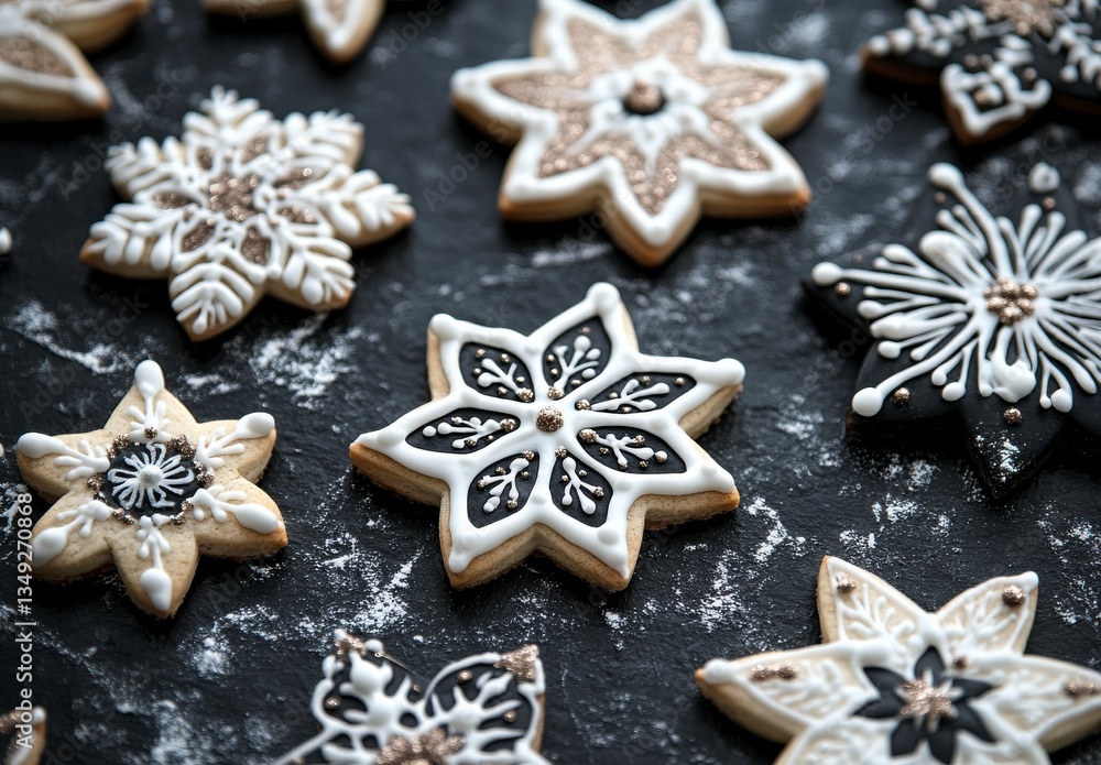 Elegant Black White Gold Snowflake Cookies on Dark Background Elegant Black White Gold Snowflake Cookies on Dark Background