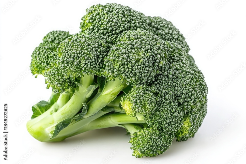A head of green broccoli with tightly packed florets, placed on a white background. A head of green broccoli with tightly packed florets, placed on a white background.
