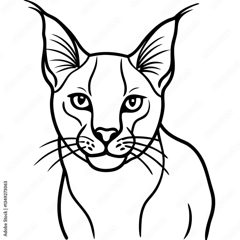 Obraz premium Line Art Portrait of a Caracal: A striking monochrome line art depiction of a caracal, the wild cat with distinctive ear tufts, capturing its piercing gaze and unique features in a minimalist style.