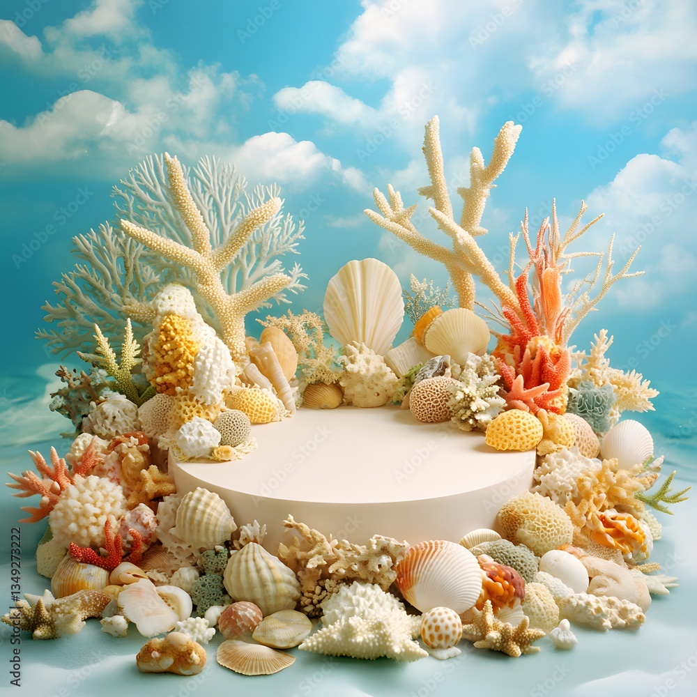 A podium sculpted from coral and seashells, surrounded by vibrant marine life in an underwater setting.