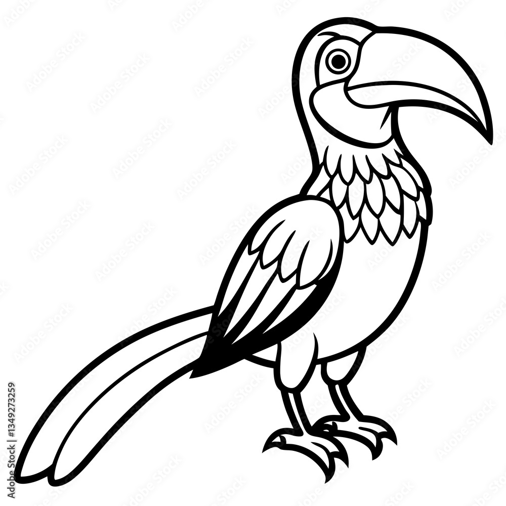 Obraz premium Exotic Bird Line Art: A detailed illustration of a toucan, capturing the unique features, showcasing its striking beak and posture.