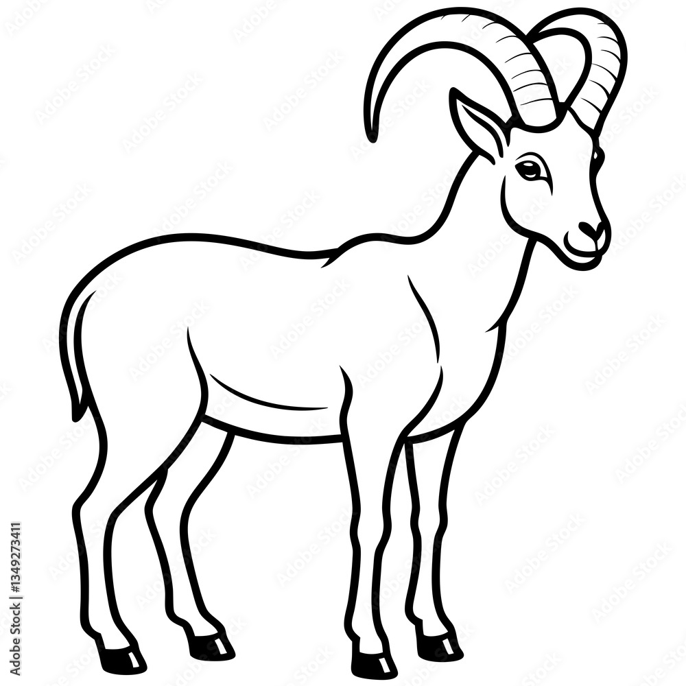 Fototapeta premium Majestic Mountain Goat Line Art: A bold, striking black and white illustration of a mountain goat, showcasing its impressive horns and sturdy physique in a powerful and elegant pose.