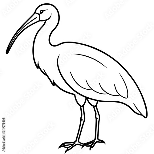 Elegant Ibis: A simple line drawing depicts an ibis with a long, curved beak standing in a graceful pose. This illustration captures the distinctive silhouette and elegance of this fascinating bird.
