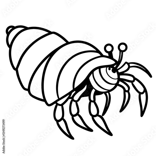 Hermit Crab illustration: A captivating black and white line drawing of a hermit crab, a fascinating creature, is rendered. 